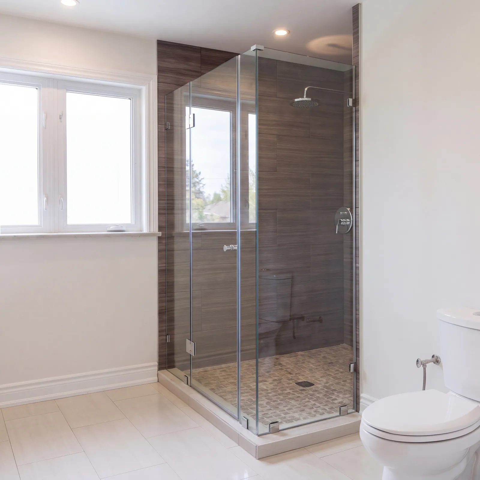 A bathroom with a glass-enclosed corner shower with a mosaic floor and a dark wood-grain tile wall, a window, a toilet and a pale tile floor.