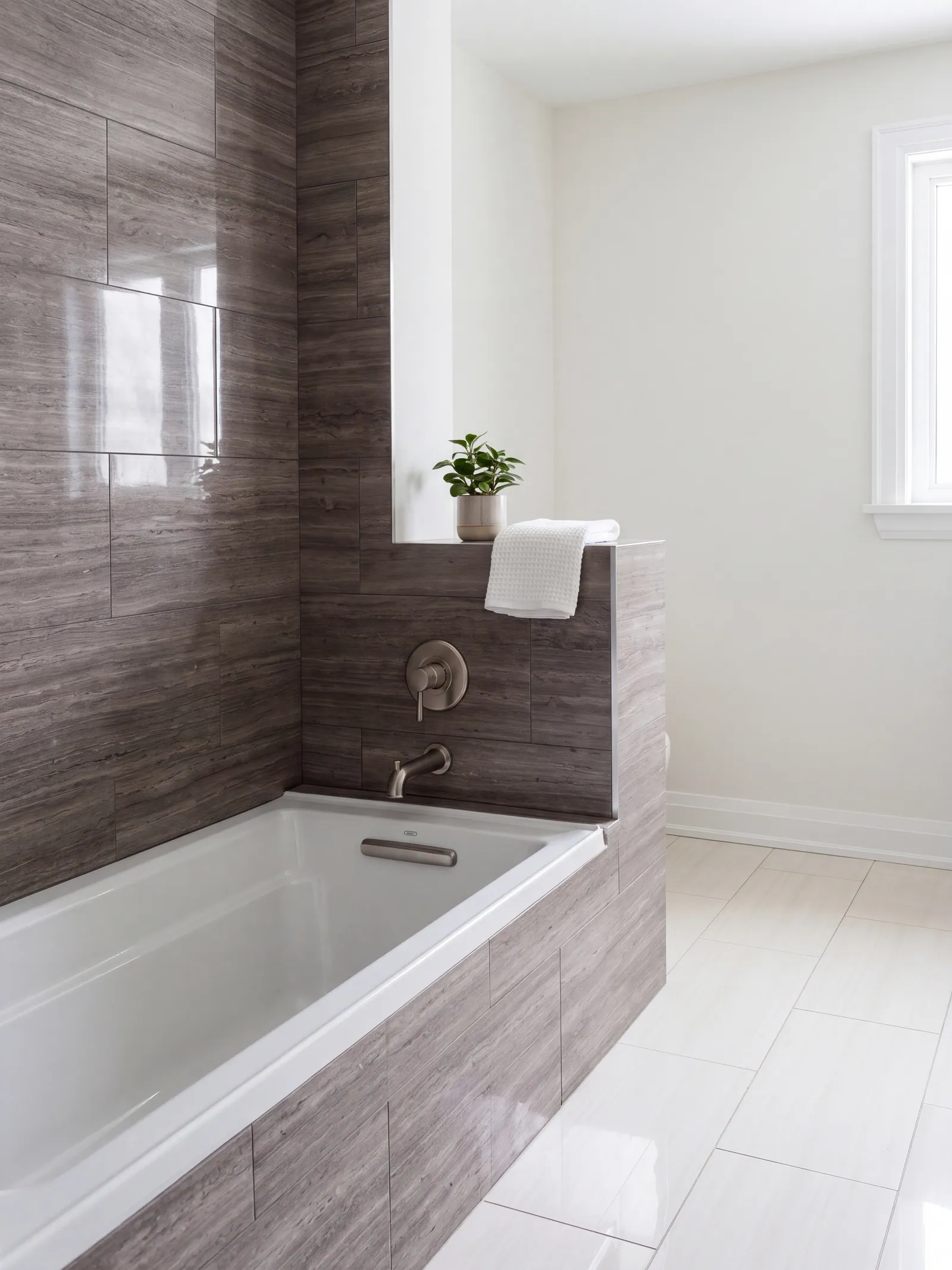 A built-in bathtub in a dark wood-grain tile surround, with a chrome tub filler, a plant and a folded towel on the ledge, a window, and a pale tile floor.