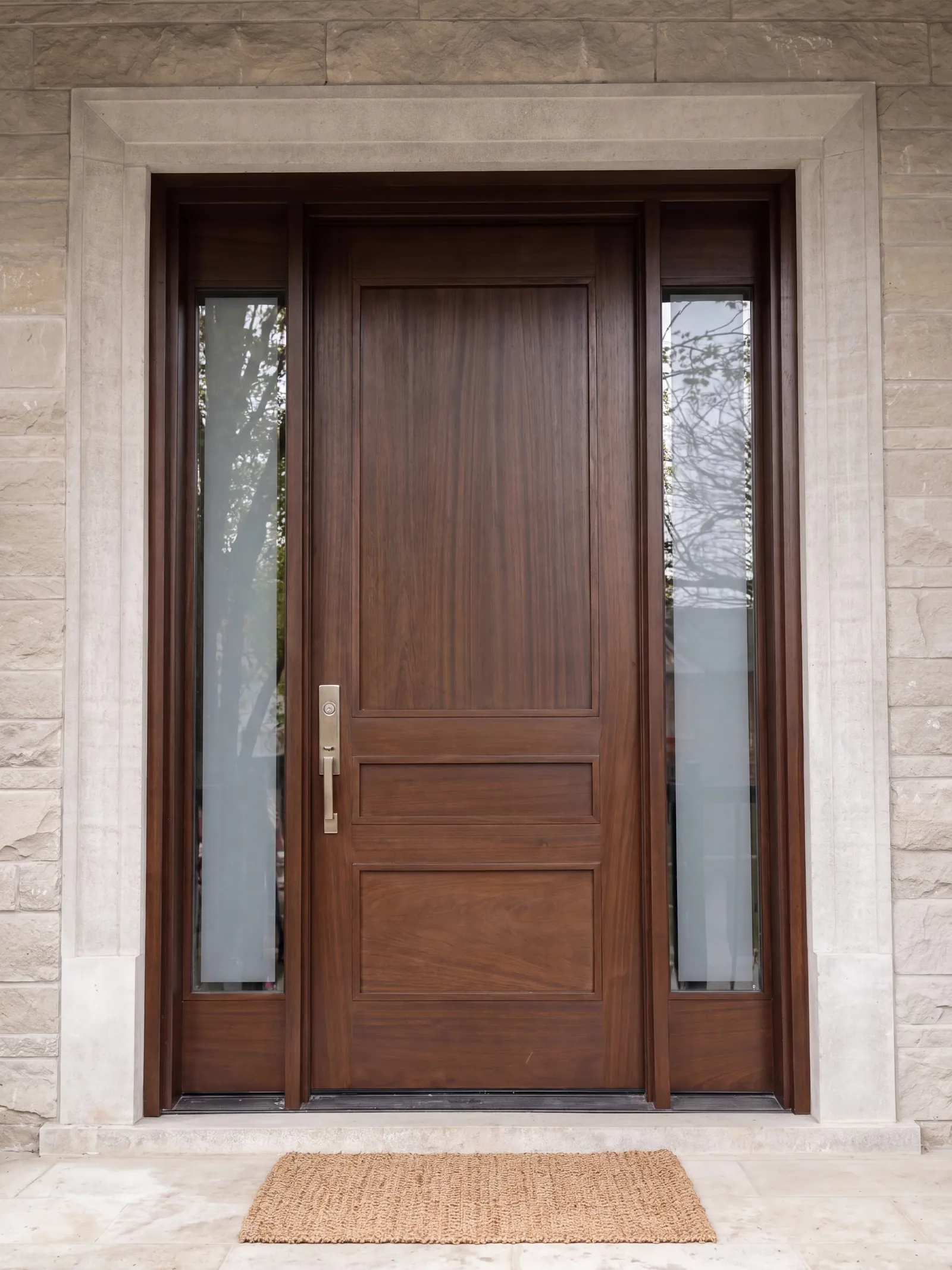 A dark wood front door with two tall frosted glass sidelights in a light stone surround, with a coir doormat on a pale stone landing.