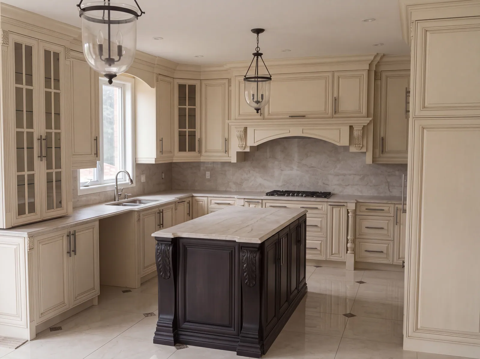 A kitchen with cream cabinets and glass-front doors, a window over an undermount sink, an arched cream hood above a gas hob on a veined stone backsplash, two glass lantern pendants, and a dark island with carved legs and a pale stone top, on a pale tile floor with small dark inlays.
