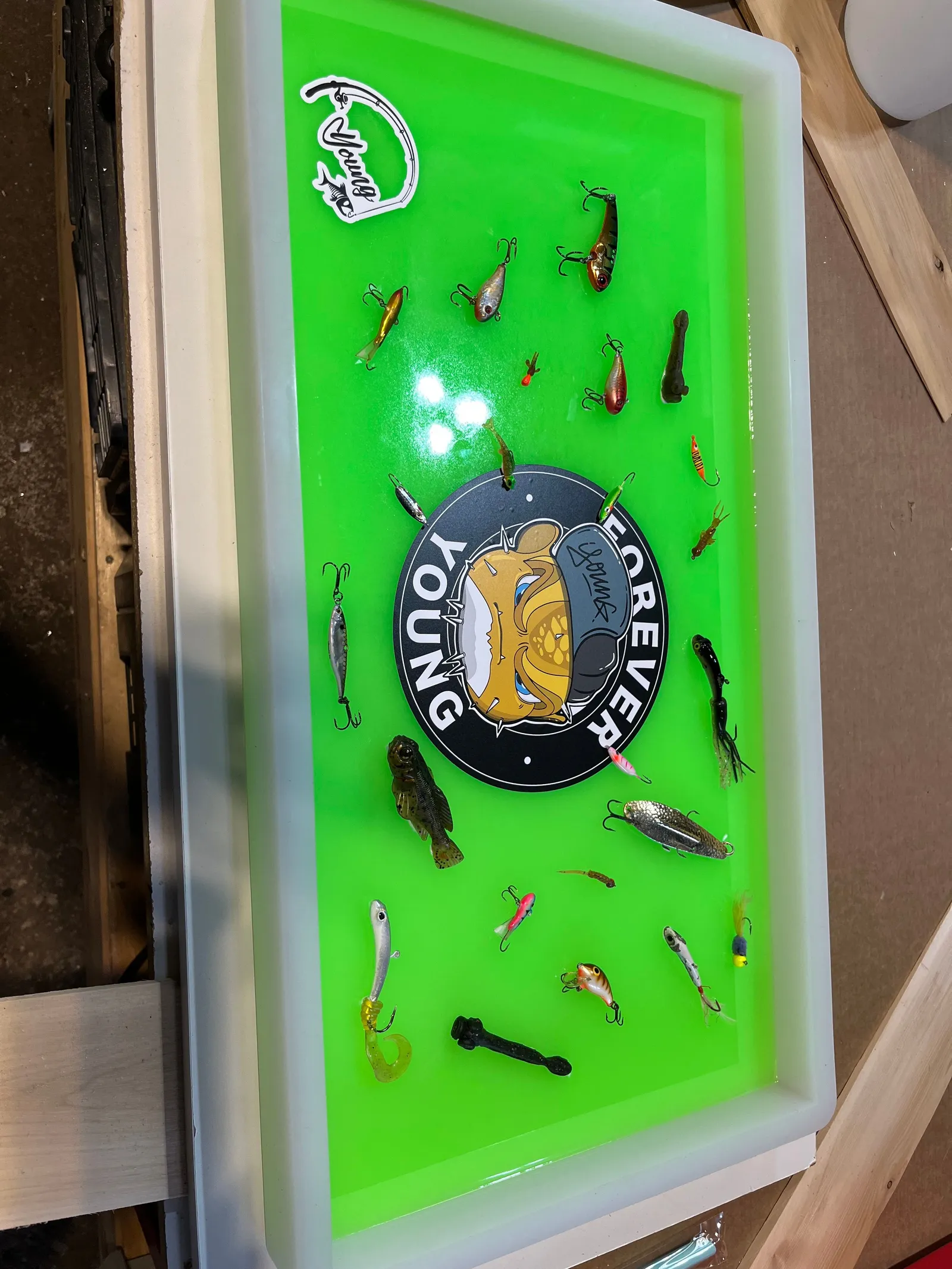 A green resin tray with fishing lures set in it, shown upright.